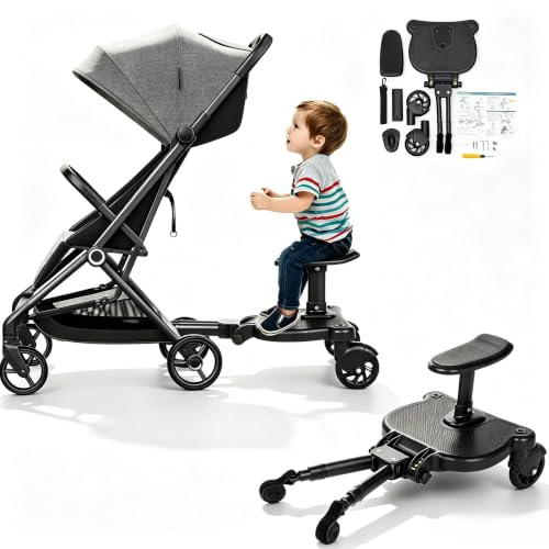 Buggy Board med säte för de flesta barnvagnar 360° tvåhjuling design stegbräda med säte universell lämplig för 3–7 år gamla barn med en maximal belastning på 25 kg (svart)