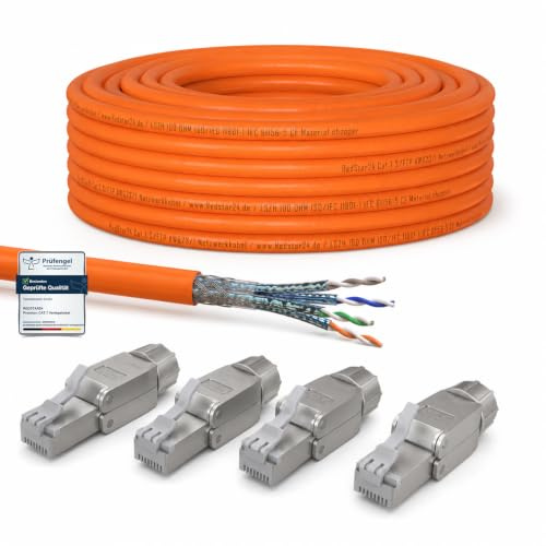 RedStar24 Cat 7 Kabel 30m mit 4x RJ45 Steckern werkzeuglos, Kupfer LAN Verlegekabel 1000MHz AWG23/1, S/FTP PIMF, PoE 10Gbit Ethernet Netzwerkkabel