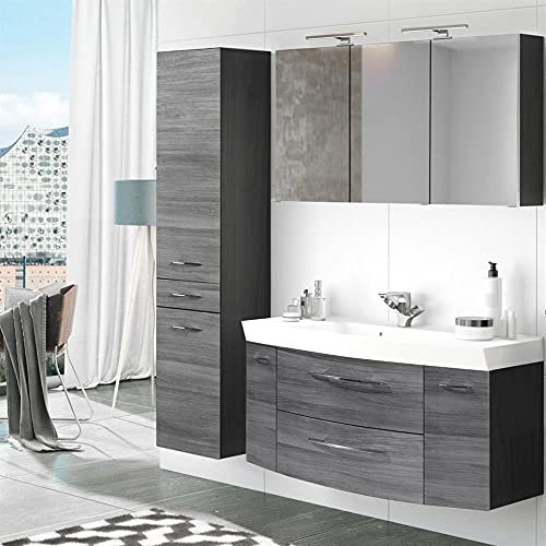 Komplett Badezimmer Badmöbel Waschplatz Set in Eiche Rauschsilber Nb. & graphit 120cm Waschtisch-Unterschrank & Auszügen Waschbecken LED-Spiegelschrank & Steckdose Hochschrank & Türen Schubkasten