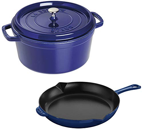 Staub Cast Iron 3-pc Cocotte and Fry Pan Set-Dark Blue, Made in France