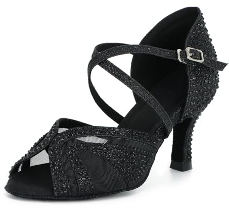 Syrads Chaussures de Danse Femmes Latine Salsa Tango Valse Bachata Moderne Chaussures Danse De Salon avec des Strass 1050,Noir 7 5cm,40 EU