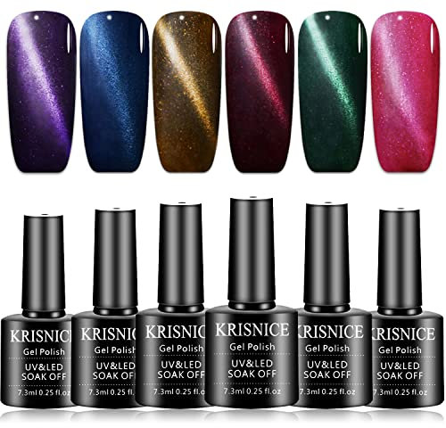 KRISNICE Magnetic Cat Eye Gel Nail Polish Autumn And Winter Starry Sky Gold Sauce Purple Grey Brown Soak Off UV with 1PC Magnet Stick (KMY6-001)
