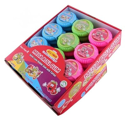 Jellyman Mega Roll Gum (40 gr) Super Long Bubble Gum con tatuaje 3 sabores (manzana, tutti Frutti y fresa) (Tutti Frutti, 12)
