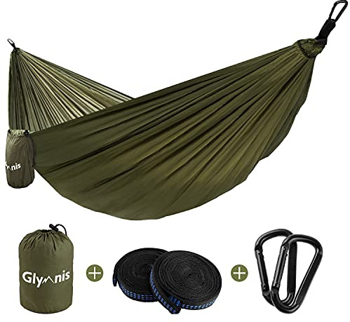 Glymnis Hamaca Ultraligera de Nailon, 300 kg de Capacidad de Carga, 275 x 140 cm, 2 Correas de Nailon y 2 Mosquetones, Hamacas Colgantes para Acampada de Viaje al Aire Libre y Jardín