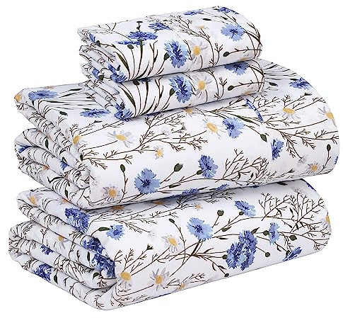 Ruvanti - Set di lenzuola in 100% cotone, per letto matrimoniale, 4 pezzi, morbide e traspiranti, tasca profonda 40,6 cm, qualità da hotel, fresche, resistenti, motivo floreale, pisello dolce