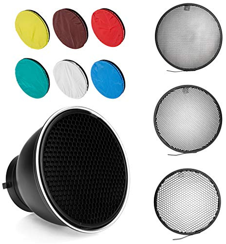 Difusor Reflector estándar Bowens Mount de 18 cm con Rejilla de Panal con Tela de luz Suave de 6 Colores para lámpara de Montaje Bowens (Reflectante estándar + Rejilla de 10°/30°/50°)