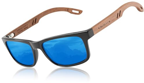 KINGSEVEN Gafas de sol de madera para hombre y mujer, unisex, hechas a mano, polarizadas con patillas de madera de nogal, protección UV400, cristales de espejo modernos, color azul, azul