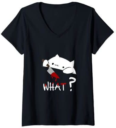 Damen Bongo Cat What? Lustige Halloween-Katze mit blutigem Messer, Geschenk T-Shirt mit V-Ausschnitt