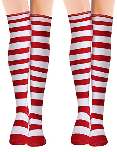 Lusofie 2 par höga strumpor Overknees randiga Overknee strumpor höga strumpor höga strumpor knästrumpor damer långa röda vita randiga bodysuits flickor jul kläder festtillbehör, Röd, vit, One Size