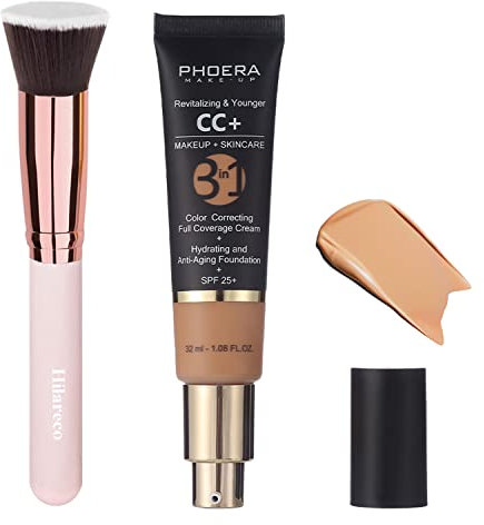 PHOERA CC+ Cream,Full Coverage Foundation，Color Correcting Cream,Anti Aging Hydrating Serum & SPF 25+ Sunscreen - Natural Finish - 1.08 fl oz (140 Buff Beige)