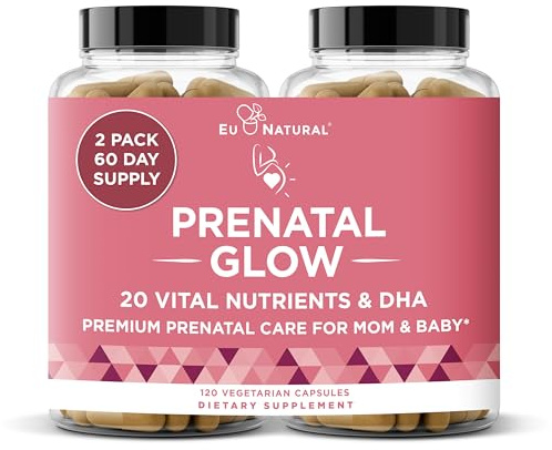 Eu Natural Glow Prenatal Vitamins for Women - 20-in-1 Prenatal Multivitamin with Folate & Vegan DHA - Supports Healthy Pregnancy, Fetal Development & Mom’s Comfort - 120 Vegetarian Capsules