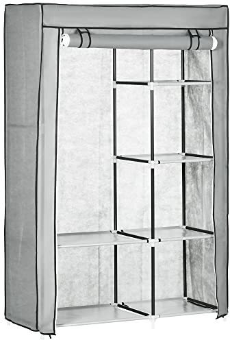 HOMCOM Armario de Tela Plegable, Armario Portátil con Barra para Colgar, 6 Estantes, Marco de Acero, para Dormitorio, Vestidor, 103x43x162,5 cm, Gris Claro