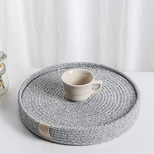 ART PineCone Round Cotton Rope Placemats Set of 4 with Holder, Grey | 4 round 13-inch woven cotton rope placemats with storage holder, heat protection, machine washable