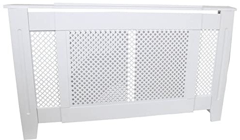 Adjustable Radiator Cover White Painted MDF Wooden Trellised Grill Style Home Furniture Cabinet Shelf Display Protective Modern Heating Living Room Bedroom Hallway Decorative, 1400mm – 1920mm