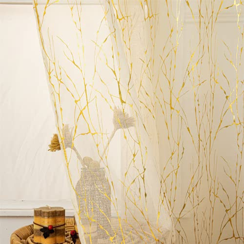 Deeprove Cream Sheer Curtains 84 inchs Long 2 Panels Set, Tree Branch Gold Foil Print Metallic for Bedroom Abstract Christmas Decor,Ivory Voile Window Treatment Drapes Pair, Rod Pocket, W52 x L 84