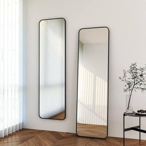 Boromal Schwarz Ganzkörperspiegel Wandspiegel Spiegel 40x140cm groß Metallrahmen Rechteckiger Standspiegel Runde Ecke Wandmontage Spiegel für Ankleidezimmer, Schlafzimmer, Wohnzimmer, Badezimmer