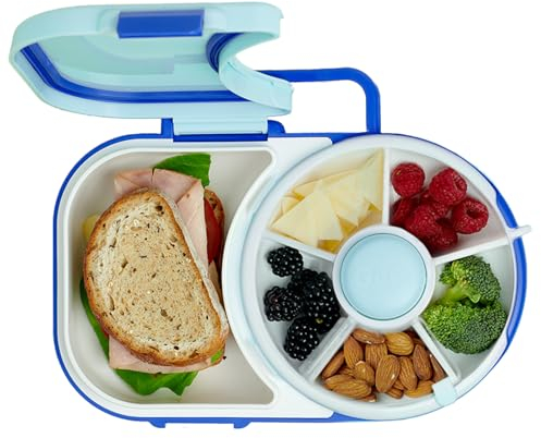 GoBe Kids Lunchbox with Small Snack Spinner Flip - Bundle with Hand Strap & Sticker Sheet, 2-in-1 Bento Style Lunch Container, 5 Small +1 Large Sandwich Compartment, BPA & PVC Free- Macaron Blue