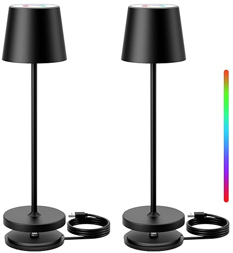 Keepoo Tischlampe Kabellos Dimmbare LED Akku Tischleuchte, Wiederaufladbar Warme Lichtfarbe 3000K+RGB Aluminium Outdoor Tischlampe wasserdicht für Restaurant,Schlafzimmer,Bar,IP54 (Schwarz 2 Stück)