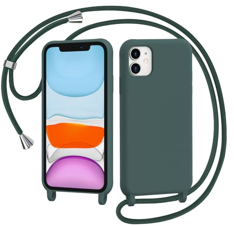 AOMYKE Handyhülle für iPhone 11 Hülle mit Band, Handyband iPhone 11 Hülle zum Umhängen Schutzhülle mit Kette Kordel Weich TPU Liquid Silikon Case， Grün