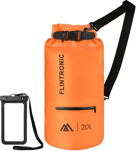 flintronic Dry Bag, 20L Waterproof Dry Bag with Shoulder Straps, Dry Sack with Waterproof Phone Pouch for Swimming Boating Hiking Rafting Fishing, Orange