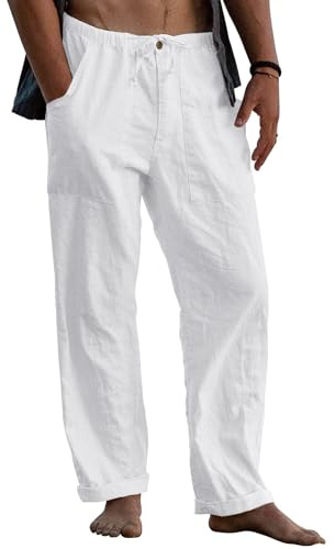 Runcati Linnebyxor, herr, långa fritidsbyxor, lätta sommarbyxor, strandbyxor, yogabyxor med fickor, elastisk midja, lös passform, Vit, XL