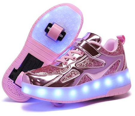 Mateju Kinder Schuhe mit Rollen für Jungen Mädchen 2-in-1 Rollschuhe Versenkbarer Doppelt Rollen Funkelnde Pailletten Outdoor Sportschuhe Roller Schuhe Turnschuhe Skateboardschuhe