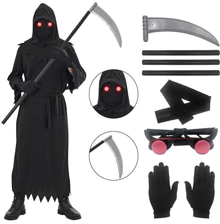 Udekit Grim Reaper Costume Cosplay di Carnevale di Halloween con Falce della Morte e Guanti, Occhiali Luminosi e Maschera per Bambini dai 4 ai 7 anni