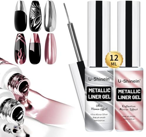 U-Shinein Esmalte de Uñas Metálico 2x12ml - Gel Super Brillante en Plata y Rosa con Reflexión Especular - Esmalte Ultravioleta