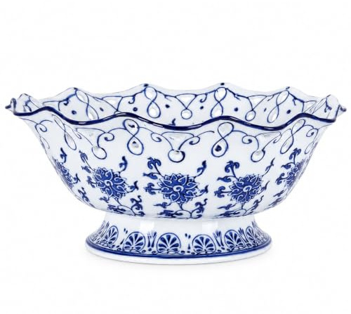 Frutero de cerámica azul y blanco de 9.4 pulgadas, cuenco decorativo de porcelana, plato de servir frutas, cuenco de almacenamiento, cuenco decorativo de pedestal para encimera de mesa, centro de mesa