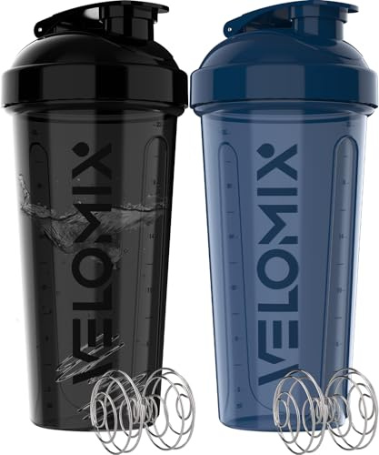 VELOMIX 2 Pack 828ml Protein Shaker Bottle, Blue/Black | 2x Wire Mix Ball, Leak Proof Shaker Cups for Protein Shakes, BPA Free, Dishwasher Safe, Gym and Pre Workout