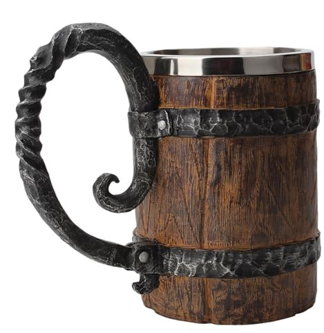 Fassbierkrug – Authentischer Becher Im Nordischen Stil, Rustikaler Mittelalterlicher Humpen | Wikinger-Becher Aus Für Met, Auslaufsicheres Edelstahl-Trinkgeschirr Mit Henkel, Handgefertigter Mitt