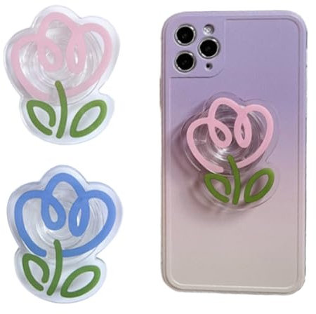 2 Pcs Flower Grip Stand - Cute Flower 2D Cell Phone Holder - Collapsible Expandable Accessory for Smart Phone Tablet，Swappable Top Stand and Grip for Smartphones and Tablets (Pink&Blue)