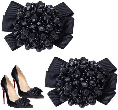 HOBBIESAY 2Pcs Black Ribbon Bow Shoes Clips Elegant Shoe Charms Bow Clips Shoe Charms with Beaded Crystal Decoration Shoe Buckle for Women Wedding Party High Heels Shoes Accessories