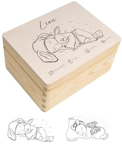 Creative Deco Erinnerungsbox Baby Personalisiert mit Namen 19,5 x 15 x 10cm | Individuelle Erinnerungskiste Geschenk zur Geburt für Mädchen und Jungen | Holzkiste mit Deckel | Farbdruck