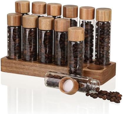 OLegei 12 pcs Boîte à café hermétique en verre borosilicate Tubes de Stockage de Grains de Café récipient de 2 oz pour comptoir avec support en bois et entonnoir (50ml+60ml)