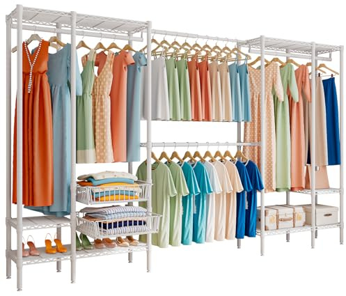 FTEYUET Schwerlast Kleiderständer, 2 Korbs, 6 Ablagen, (249-297) x40x192 cm | Begehbarer Kleiderschrank System, Garderobenständer Erweiterbare Offener Kleiderschrank, kleiderregal, 4 Kleiderstangen