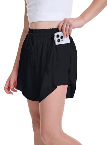 ANTLOOWW Korta byxor för flickor, med 2 fickor, 2-i-1 löparshorts, barn, sportbyxor flickor korta med elastisk linning för löpning, gymnastik, fritid, skola., svart, 16-18 år