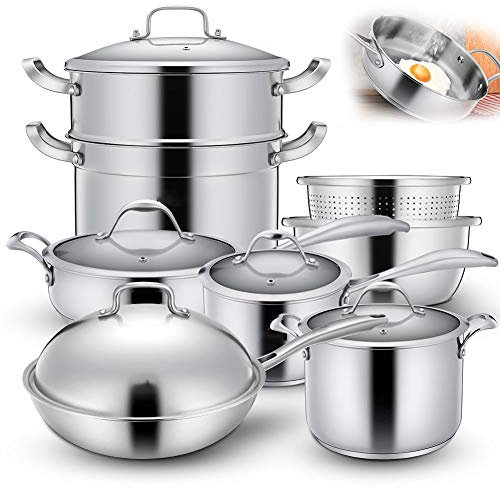 Set di pentole a induzione in Acciaio Inossidabile, Set di pentole e padelle Professionali con vaporiera e Coperchio per Un Riscaldamento Uniforme, Forno, Piano Cottura