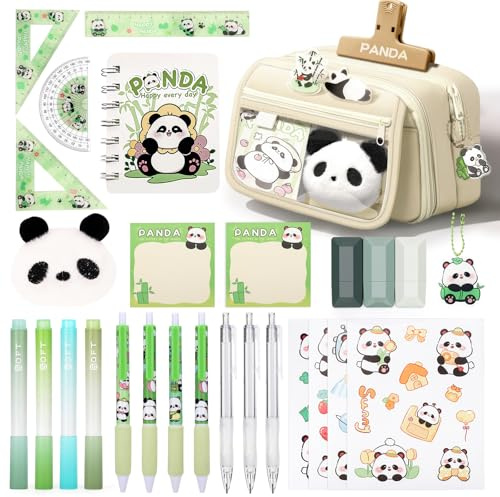 KOSTACHI Panda Federmäppchen für Jungen & Mädchen, 28 Stück Schulsachen Aesthetic mit Mäppchen, 4 Textmarker, 4 Panda Gelstifte, 4 Lineal, 4 Aufkleber, Panda Schreibwaren Set, Beige