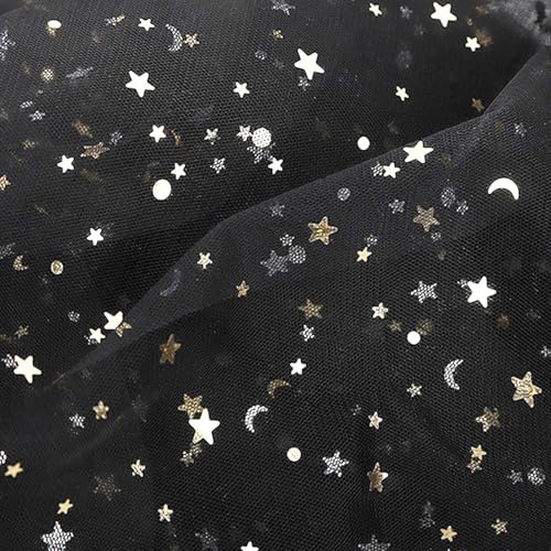 145CM X 2 Yards Tüllstoff Glitzer, Schwarzer Pailletten-Stern Spitzenstoff Organza Stoffe Tüllband Deko Garn Mit Sternprägung Deko-Stoff für DIY Handgemachte Kleidung Hochzeit