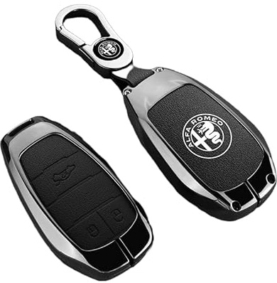 MCHHYL Auto Leder Schlüsselanhänger Tasche für Alfa Romeo Giulia Stelvio Tonale, Schutz Schlüsseltasche Wasserdicht mit Metallhaken,Black-Metal Buckle Style