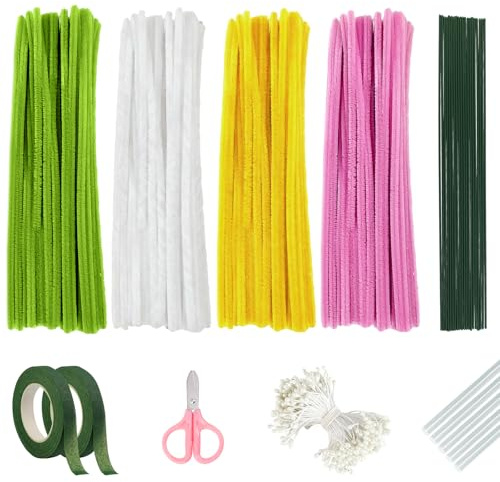 Fairblo 400 Stück Pfeifenreiniger Blumen Set Grün Weiß Gelb Rosa 4 Farben Pfeifenputzer zum Basteln Blumen Set mit Grüne Blumenstöcke Floristenband Staubblätter Klebestifte Kleine Schere