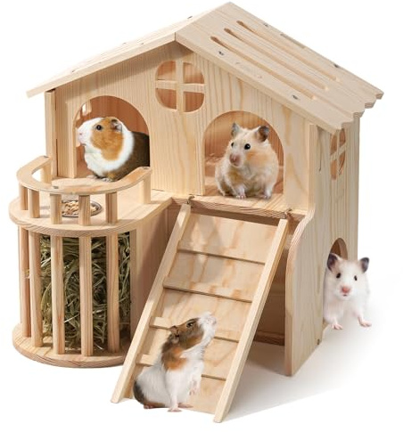 Guinea Pig Hideout, Wooden 2-Tier Guinea Piggy Castle House Habitat Accessories with Removable Ladder Food Bowl & Hay Rack Easy to Assemble for Small Animal Hamsters Syrian Hamsters Gerbils Rats