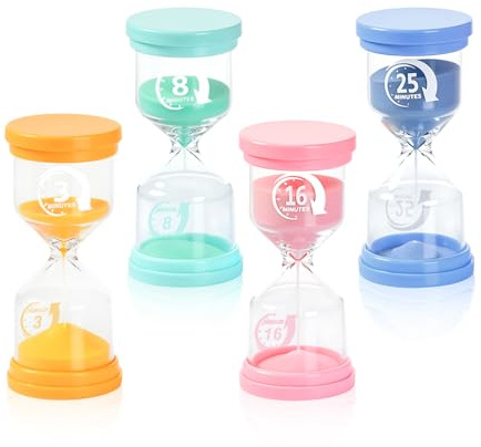 4 Piezas Reloj de Arena, Colorido Juego de Temporizadores Luminosos de 3/8/16/25 Minutos, Arena Niños para Hogar, Oficina, Gimnasio, Cocina