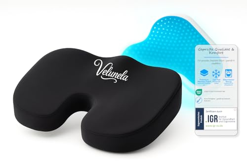 Velunela Ergonomisches Sitzkissen IGR-zertifiziertes Gel-Memory-Foam Kissen – bequem, druckentlastend, verspannungslindernd & rückenschonend – ideal für Büro, Auto & Zuhause