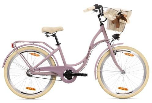 Goetze Style 24 Zoll Kinderfahrrad, 14 Zoll ALU Rahmen, 3-Gang Nabenschaltung, Rücktritt- und V-Bremse, LED-Beleuchtung, Rattan Korb, Gepäckträger, Schutzbleche, Komfortsattel, Seitenständer!