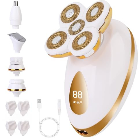 Maquinilla de afeitar eléctrica 5 en 1 para mujer, removedor de vello facial y afeitadora de mujer para piernas con cabeza flotante 5D, afeitadora corporal recargable e impermeable, kit de maquinilla