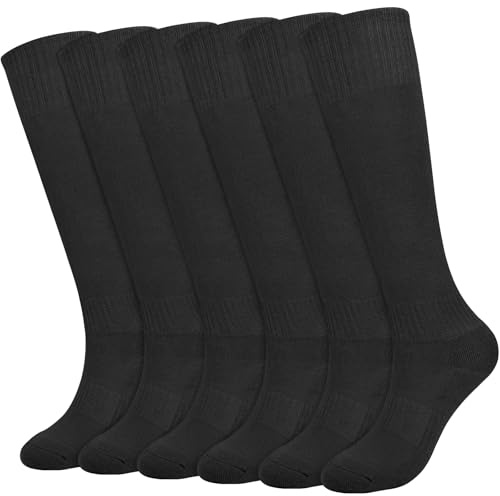 ouhos 3 Pairs Kids Cushioned Football PE Socks Ages 5-12, Black White | Boys Girls Knee High School Sports Stockings | Breathable Cotton Athletic Long Tube Socks, Arch Support