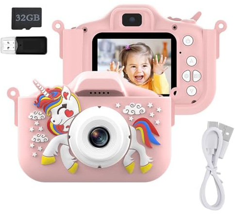 Kinderkamera, Kinder Kamera Selfie Digitalkamera mit 32GB-Karte, 1080P, Spielen, für 3-12 Jahre Jungen Mädchen Weihnachten Geburtstagsgeschenk Spielzeug (Zauber-Einhorn, Rosa)