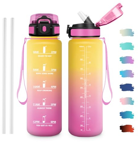 JAPORIA Cantimplora 1L, Botella de Agua con Pajita, Garrafa Agua con Marca de Tiempo, Botella Motivacional para Adultos, Running, Bicicleta, Oficina